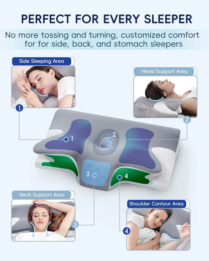 Cervical Pillow for Neck Pain Relief, Ergonomic Hollow Design, Odorless Memory Foam Pillow for Sleeping, Orthopedic Contour Neck Support Pillows with Additional Pillowcase, Gray