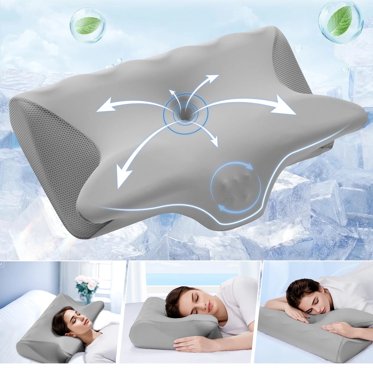 Cervical Pillow for Neck Pain Relief, Ergonomic Hollow Design, Odorless Memory Foam Pillow for Sleeping, Orthopedic Contour Neck Support Pillows with Additional Pillowcase, Gray