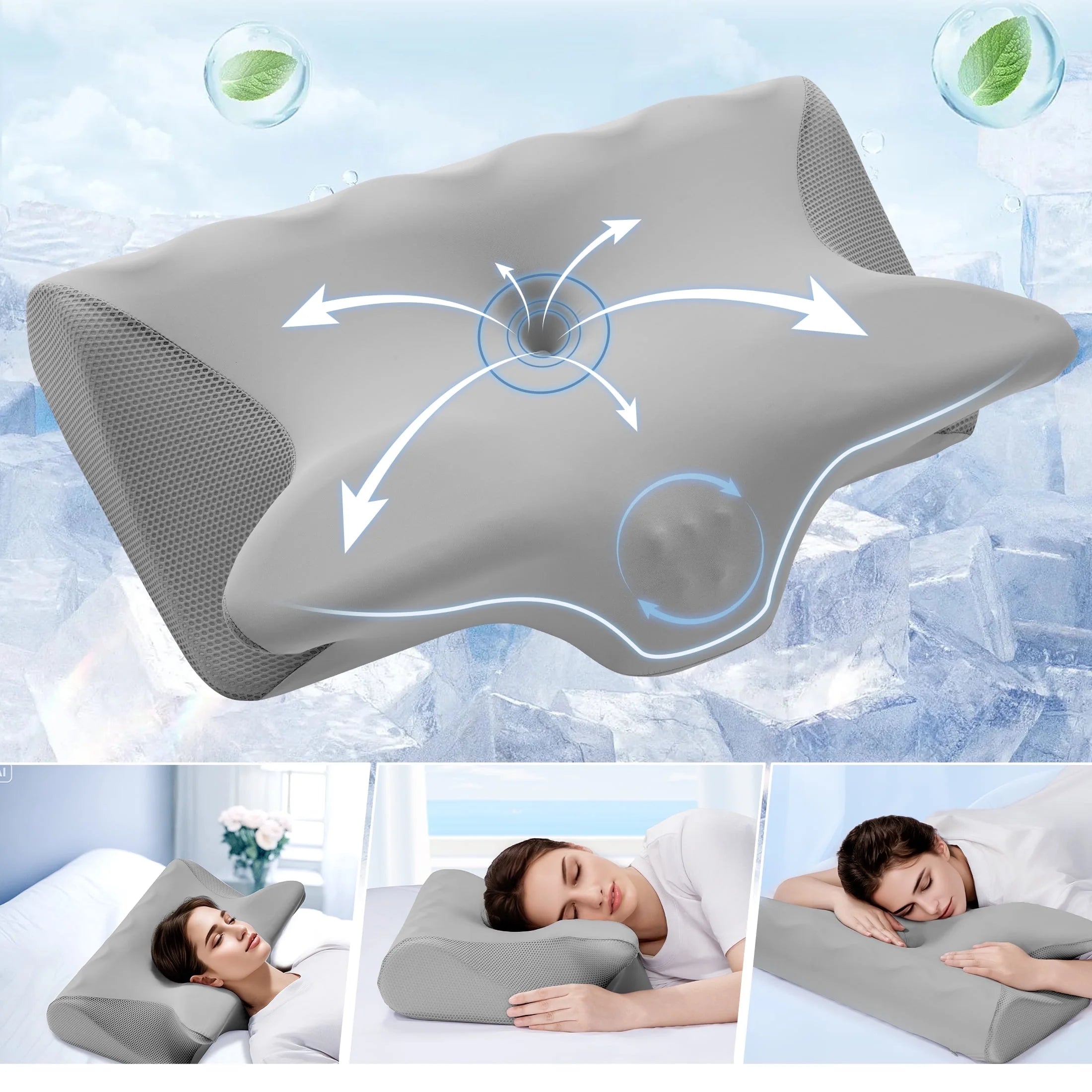 Cervical Pillow for Neck Pain Relief, Ergonomic Hollow Design, Odorless Memory Foam Pillow for Sleeping, Orthopedic Contour Neck Support Pillows with Additional Pillowcase, Gray