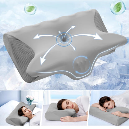 Cervical Pillow for Neck Pain Relief, Ergonomic Hollow Design, Odorless Memory Foam Pillow for Sleeping, Orthopedic Contour Neck Support Pillows with Additional Pillowcase, Gray