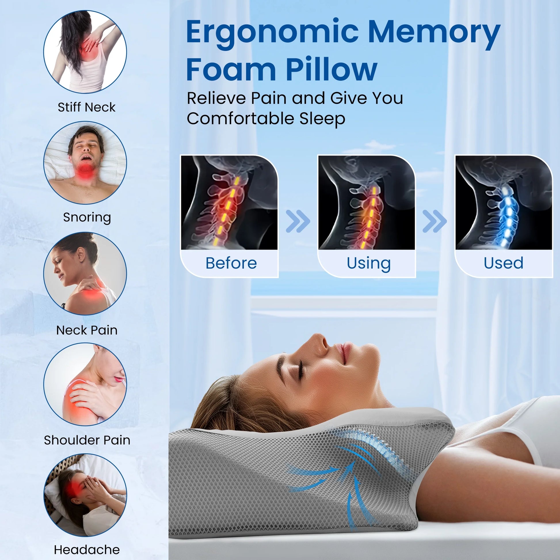 Cervical Pillow for Neck Pain Relief, Ergonomic Hollow Design, Odorless Memory Foam Pillow for Sleeping, Orthopedic Contour Neck Support Pillows with Additional Pillowcase, Gray