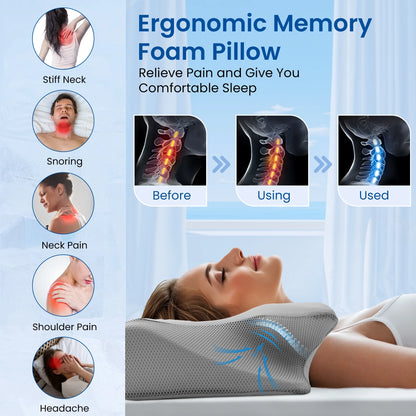 Cervical Pillow for Neck Pain Relief, Ergonomic Hollow Design, Odorless Memory Foam Pillow for Sleeping, Orthopedic Contour Neck Support Pillows with Additional Pillowcase, Gray