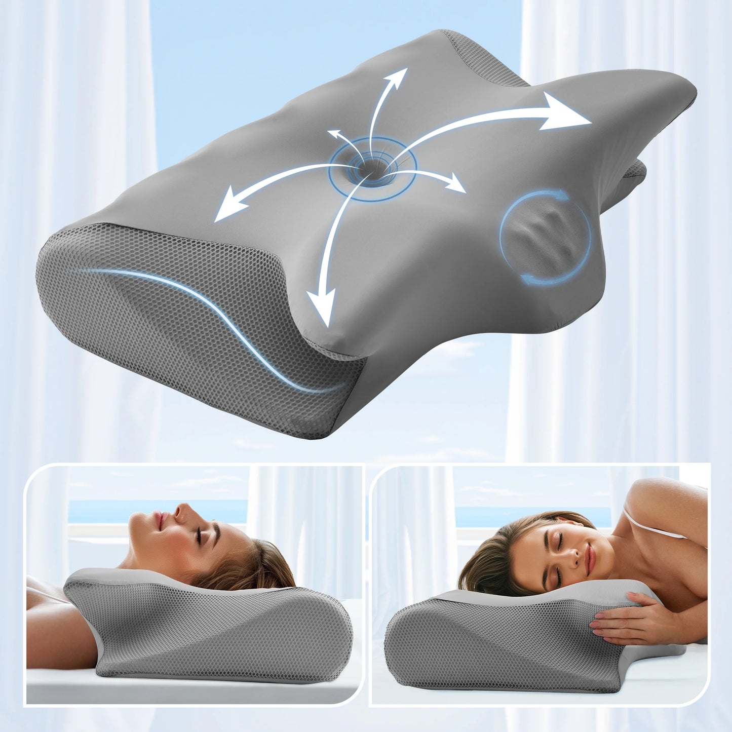 Cervical Pillow for Neck Pain Relief, Ergonomic Hollow Design, Odorless Memory Foam Pillow for Sleeping, Orthopedic Contour Neck Support Pillows with Additional Pillowcase, Gray